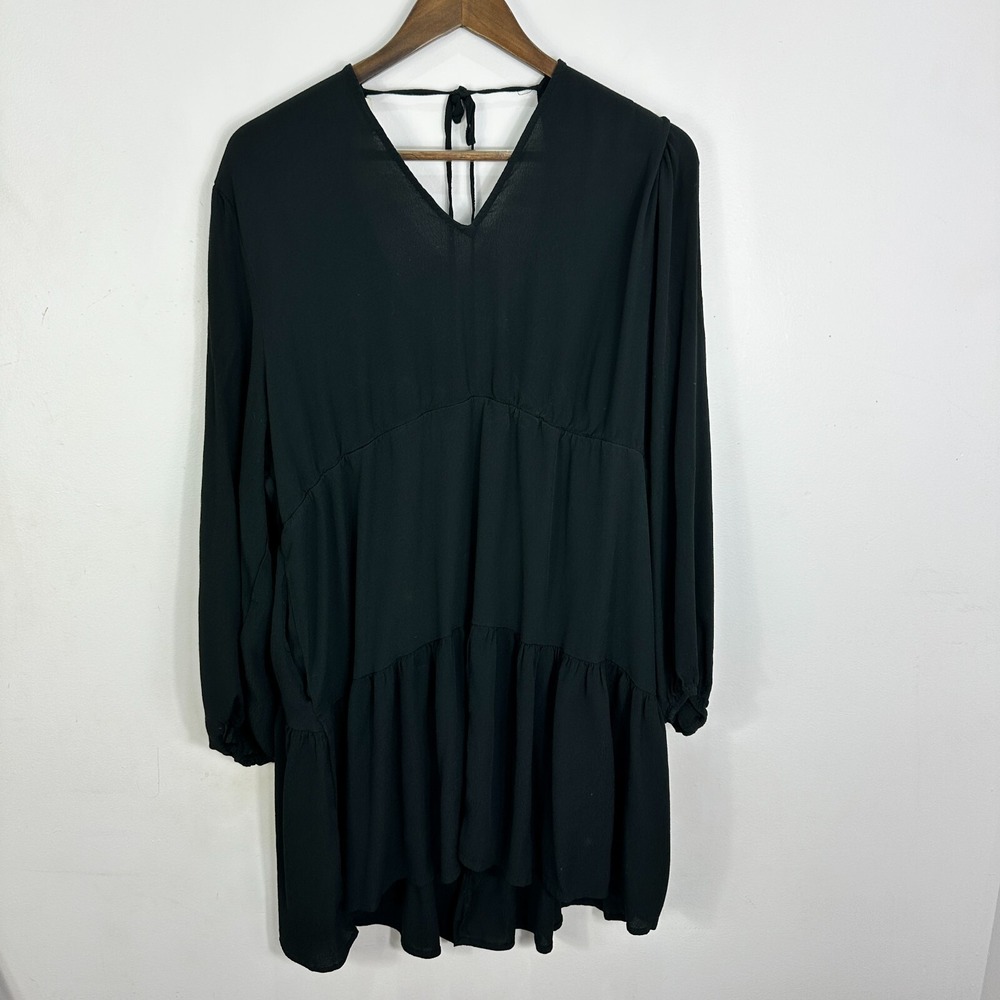 A New Day Tiered Shift Dress Womens 2X Long Sleeve Pockets Minimalist Clean Girl